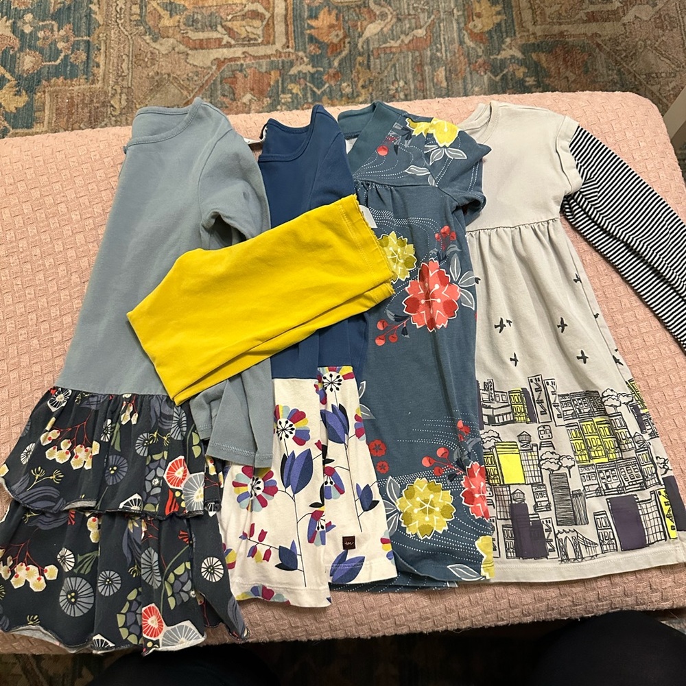 Tea Collection, 5T lot. Four dresses and yellow leggings.